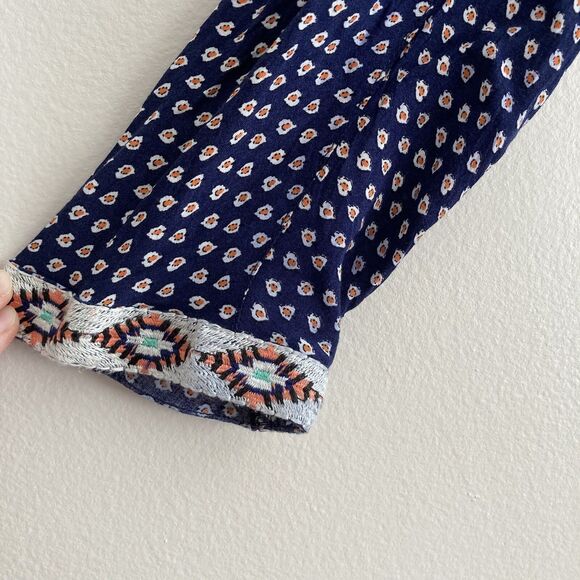 THML Anthropologie Embroidered Blouse Size Medium Navy Peach Boho Peasant - Picture 5 of 8